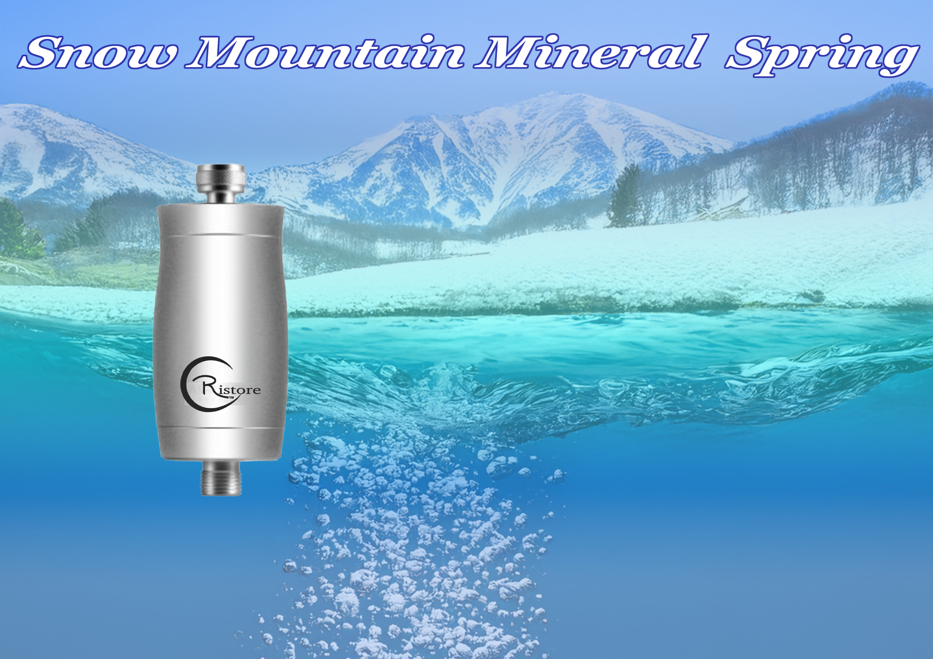 Snow Mountain Mineral Spring water filter submerged in water with snowy mountain backdrop.