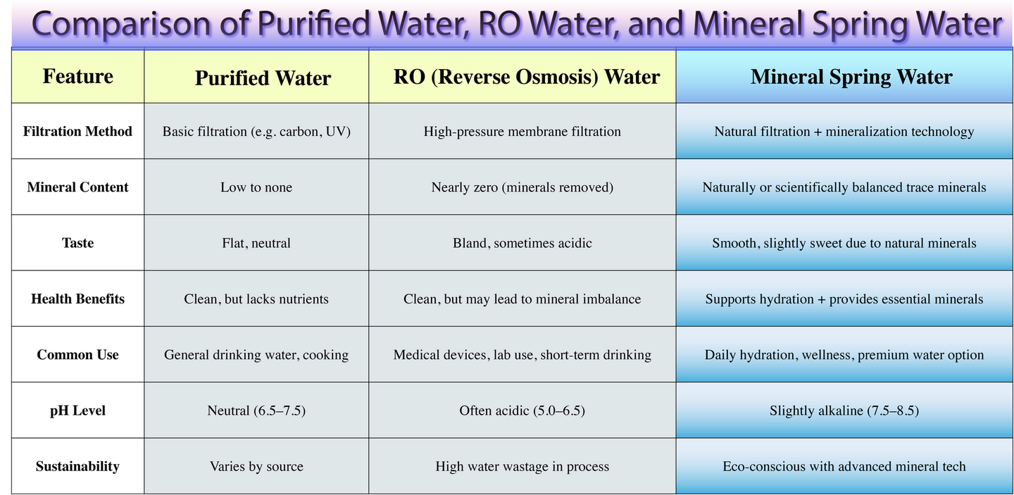 Comparison chart of purified, RO, and mineral spring water; features, mineral content, taste, and pH are contrasted.