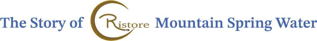 The Story of Ristora Mountain Spring Water logo with dark blue text and a brown logo element.