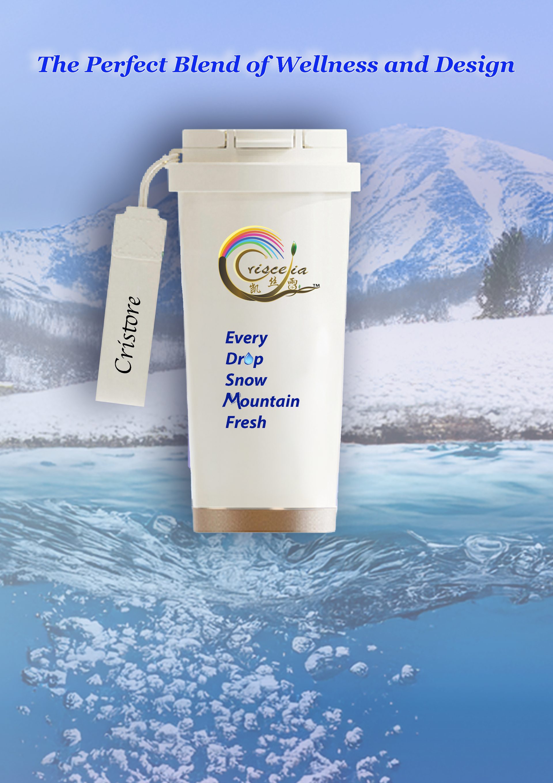 White water filter with label, rainbow logo, text: “Crisp Spring Snow Mountain Fresh.” Mountain landscape in background.