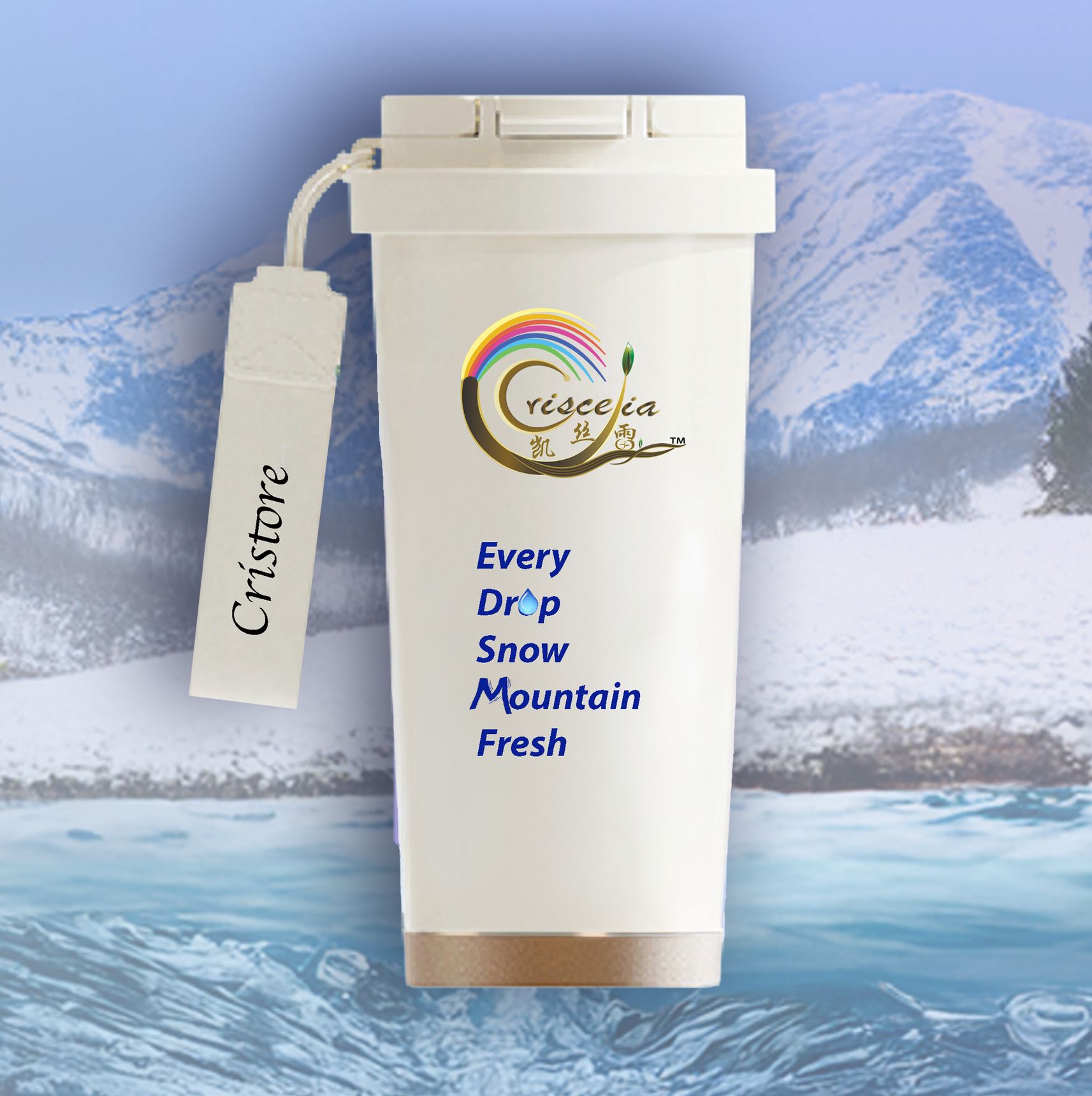 White water filter with label, rainbow logo, text: “Crisp Spring Snow Mountain Fresh.” Mountain landscape in background.