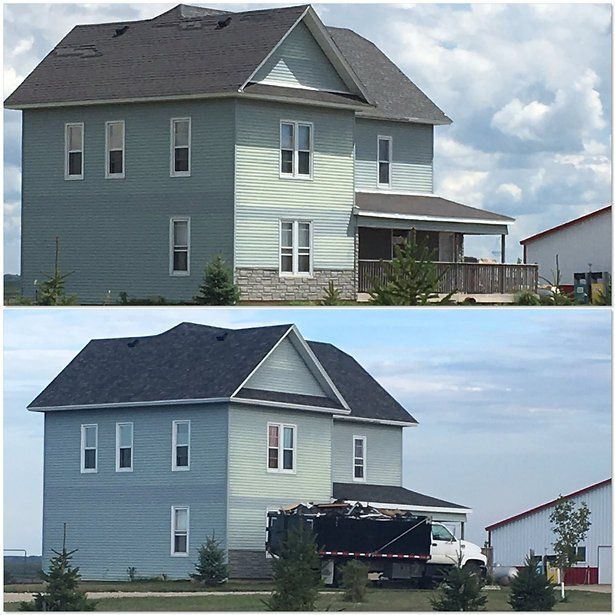 A before and after picture of a house with a garbage truck parked in front of it
