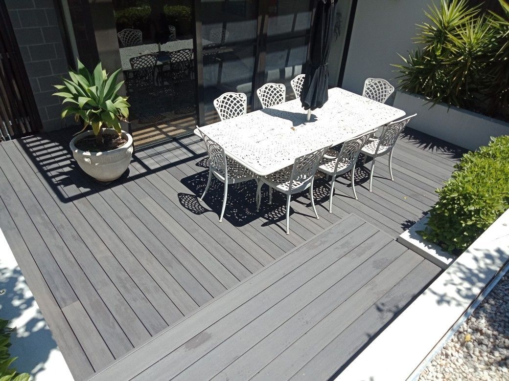 Decking with table and plants