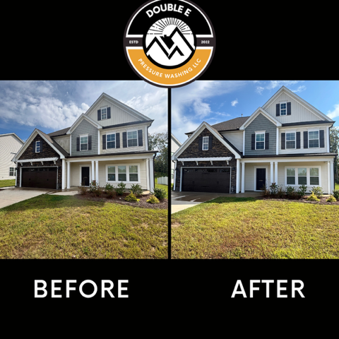 Side-by-side comparison of a two-story house before and after pressure washing.  Exterior siding is cleaner and brighter after cleaning.