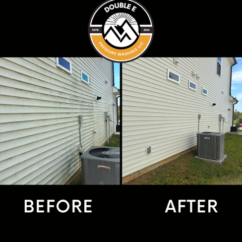 Before/after comparison of house siding cleaning. White siding, showing a clean after effect.
