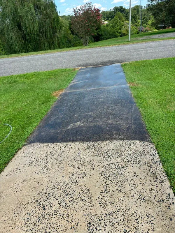 Pathway partially power washed; dark section contrasts with light, dirty portion. Green grass borders.