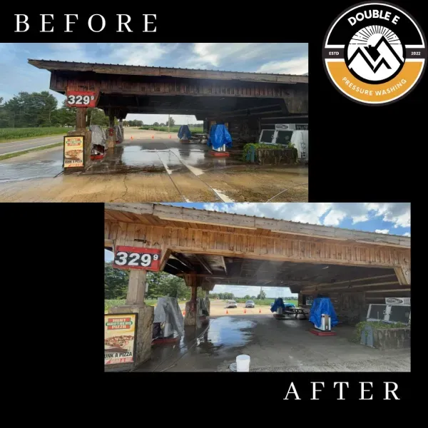 Before and after photos of a gas station canopy. The 