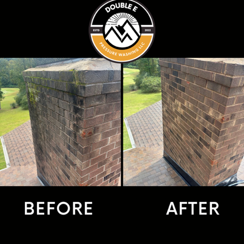 Before and after comparison of a brick chimney cleaned by pressure washing. Shows visible grime removal.