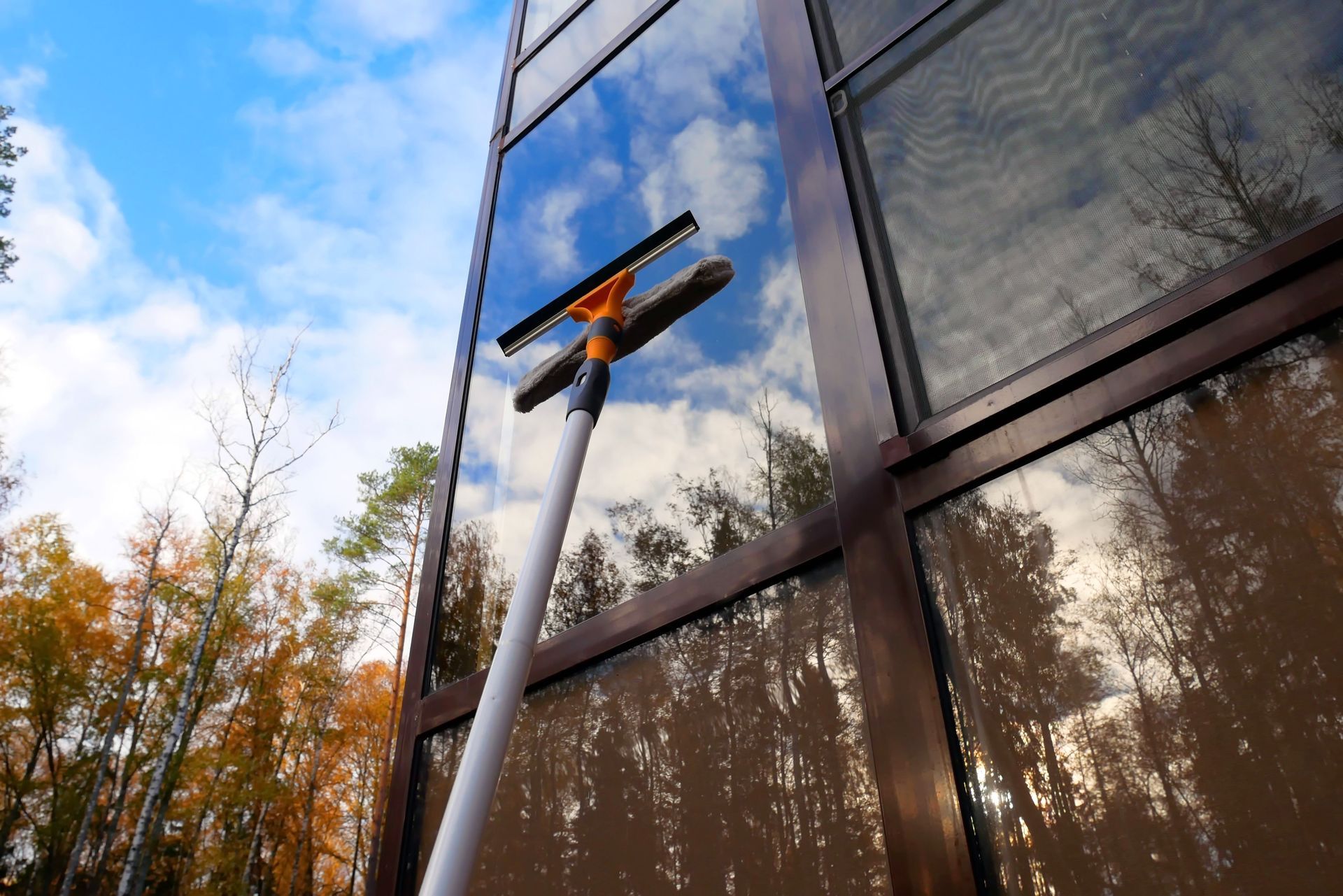 A person cleaning tall windows with a squeegee tool, reflecting a blue sky and trees.