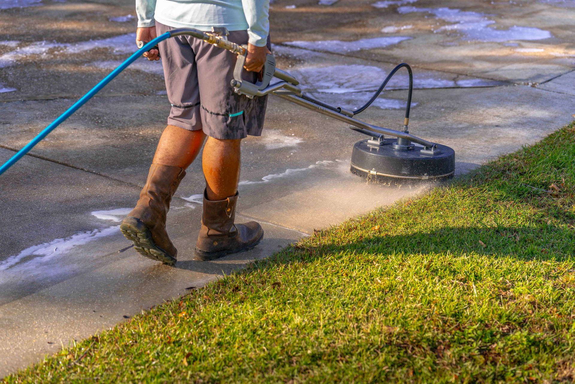 Person power washing a concrete driveway next to green grass.