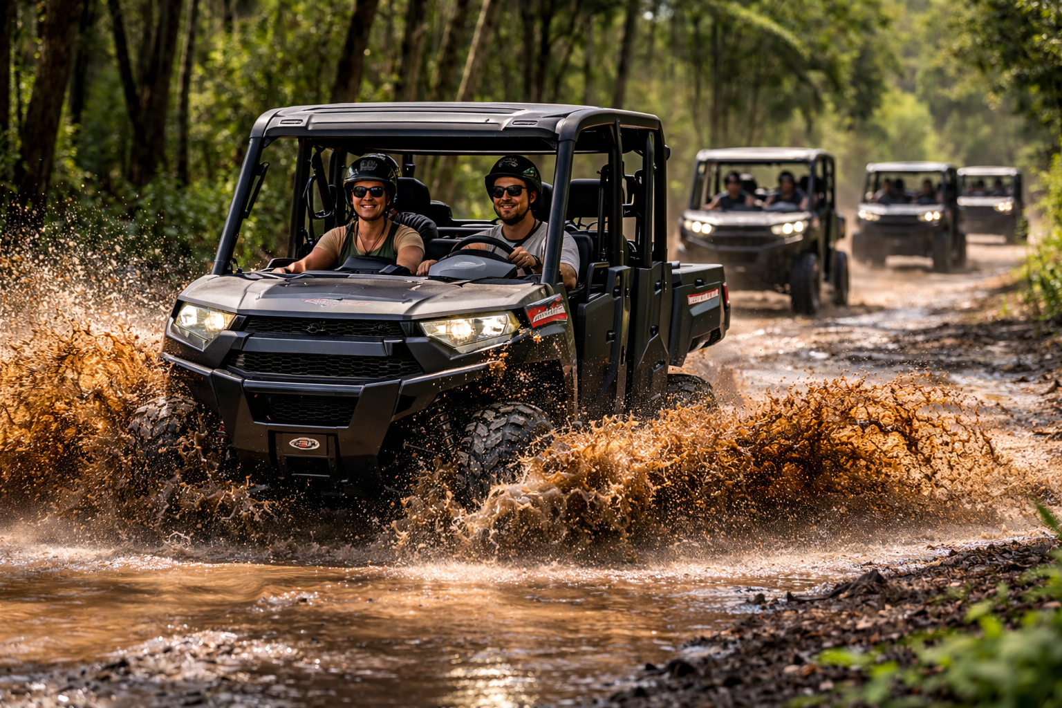 Four Polaris  utility vehicles driving through a muddy water-filled path in a forest. Passengers wear helmets and smile.