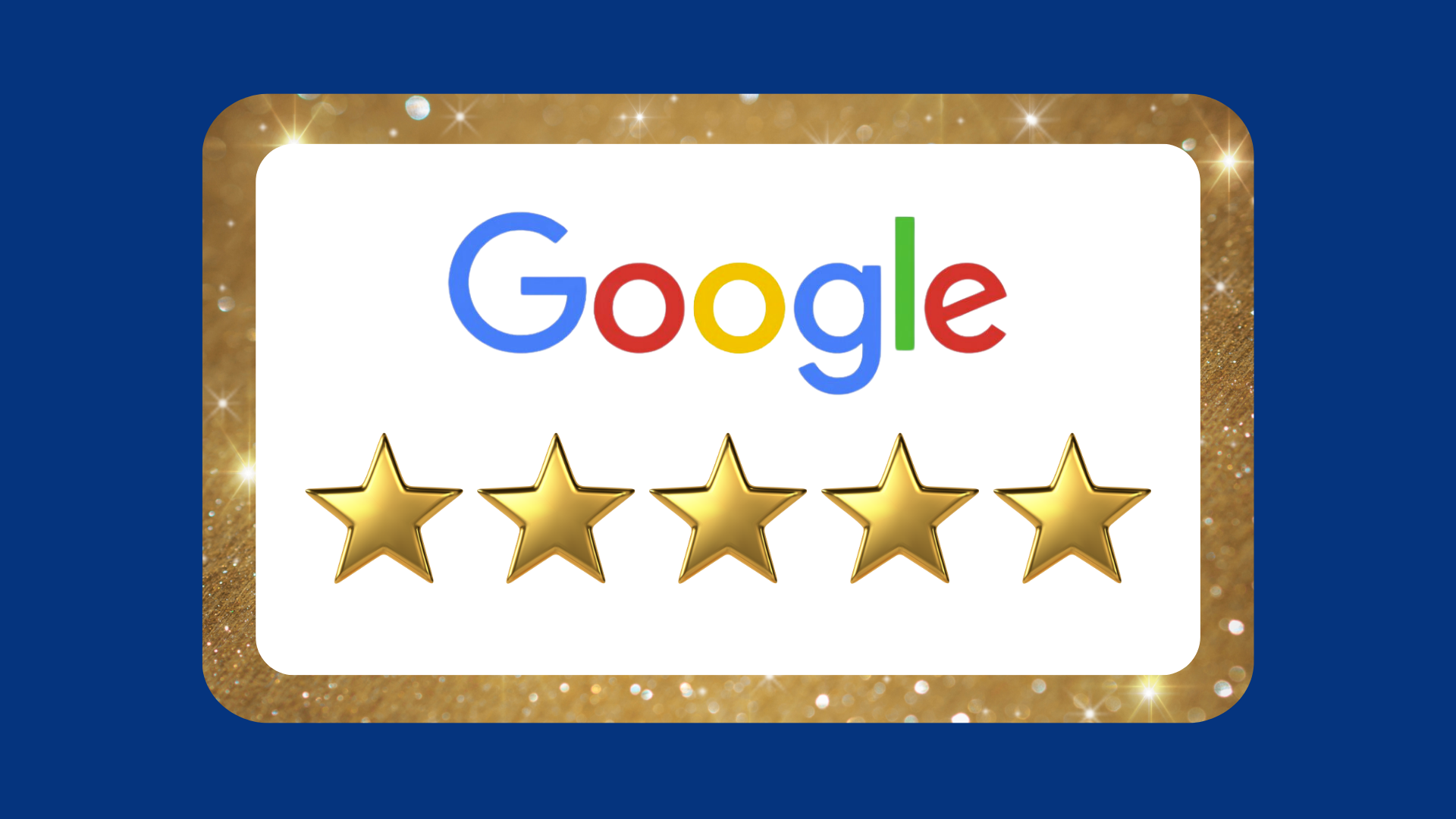 A google review with five stars on a blue background