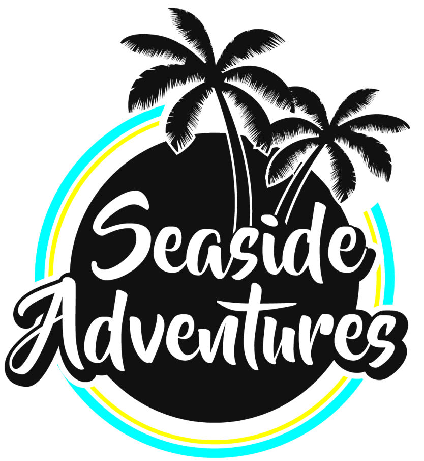 A logo for seaside adventures with two palm trees in a circle.