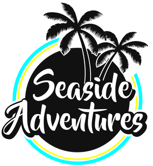A logo for seaside adventures with two palm trees in a circle.