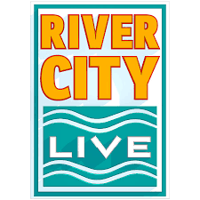 A river city live logo with waves and the words river city live.