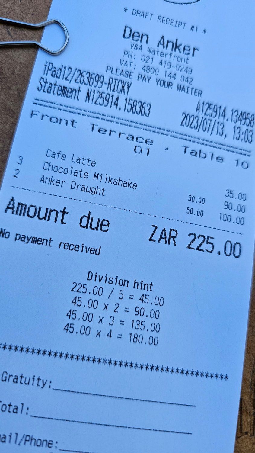 קבלה מ-den anker מציגה את הסכום לתשלום