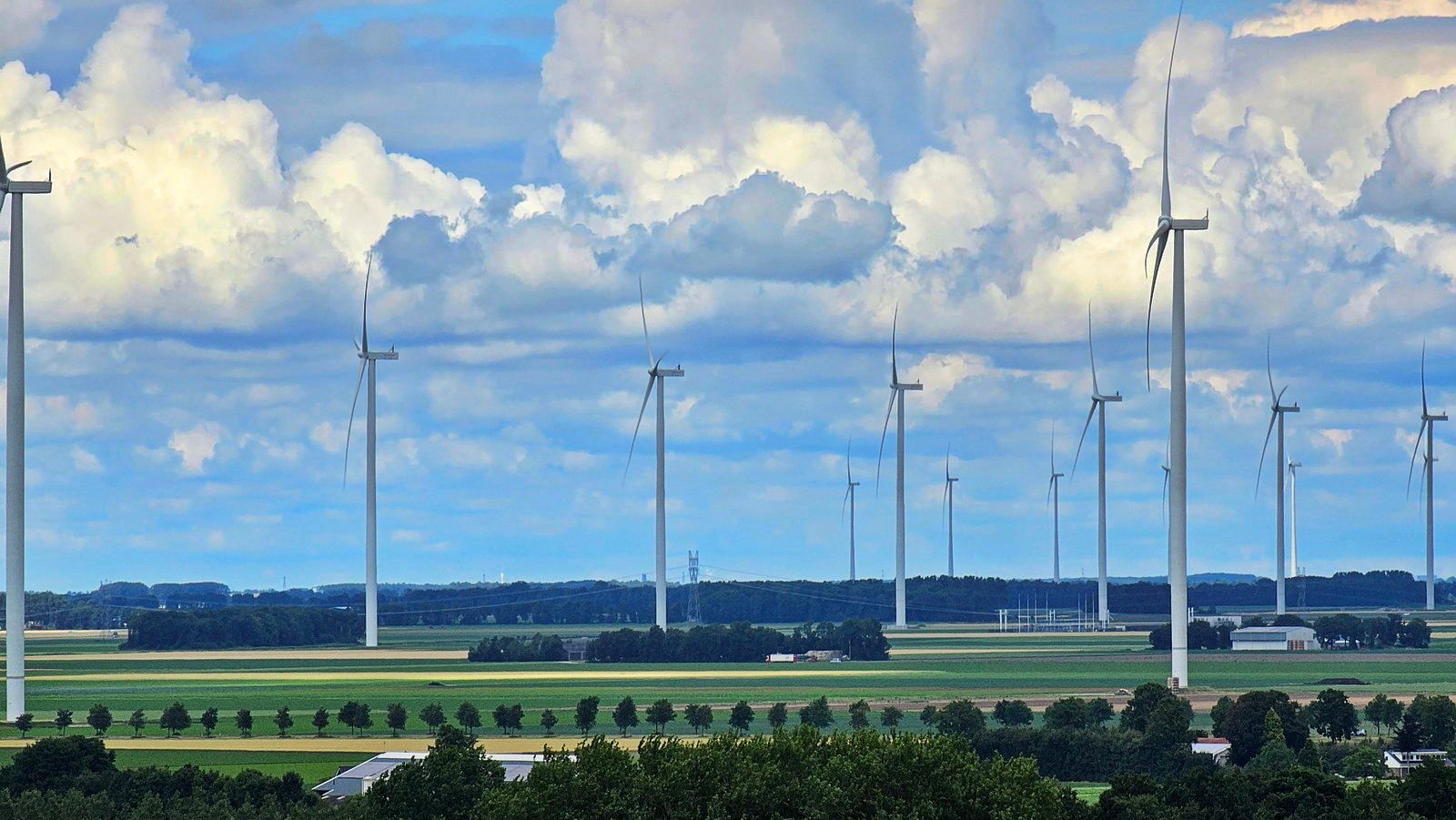 טורבינות רוח בשדה תחת שמיים מעוננים חלקית. שדות ירוקים ועצים בחזית.