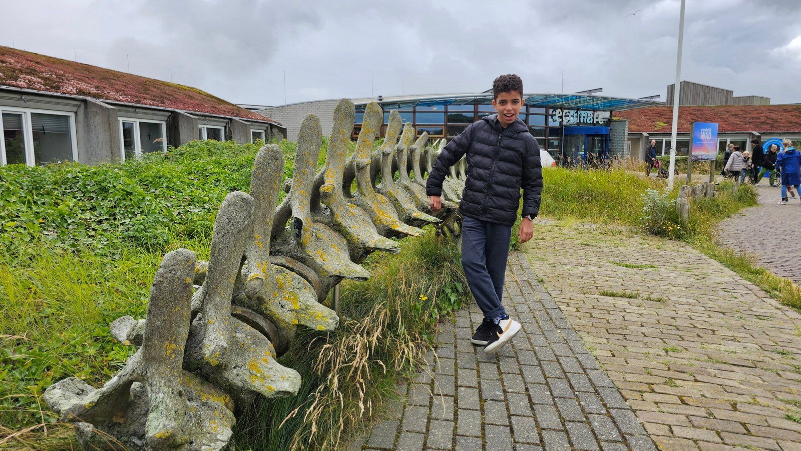 גבר צעיר מצטלם ליד פסל של עמוד שדרה של לוויתן בחוץ, בניין ברקע.