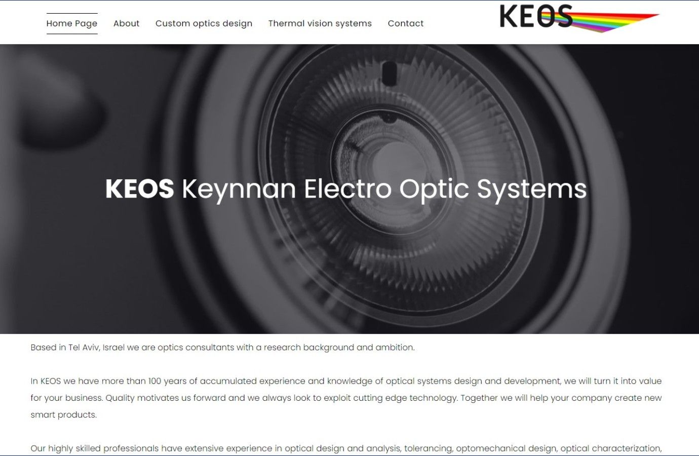 צילום מסך של אתר אינטרנט למערכות אלקטרו אופטיות של keos keynnan.