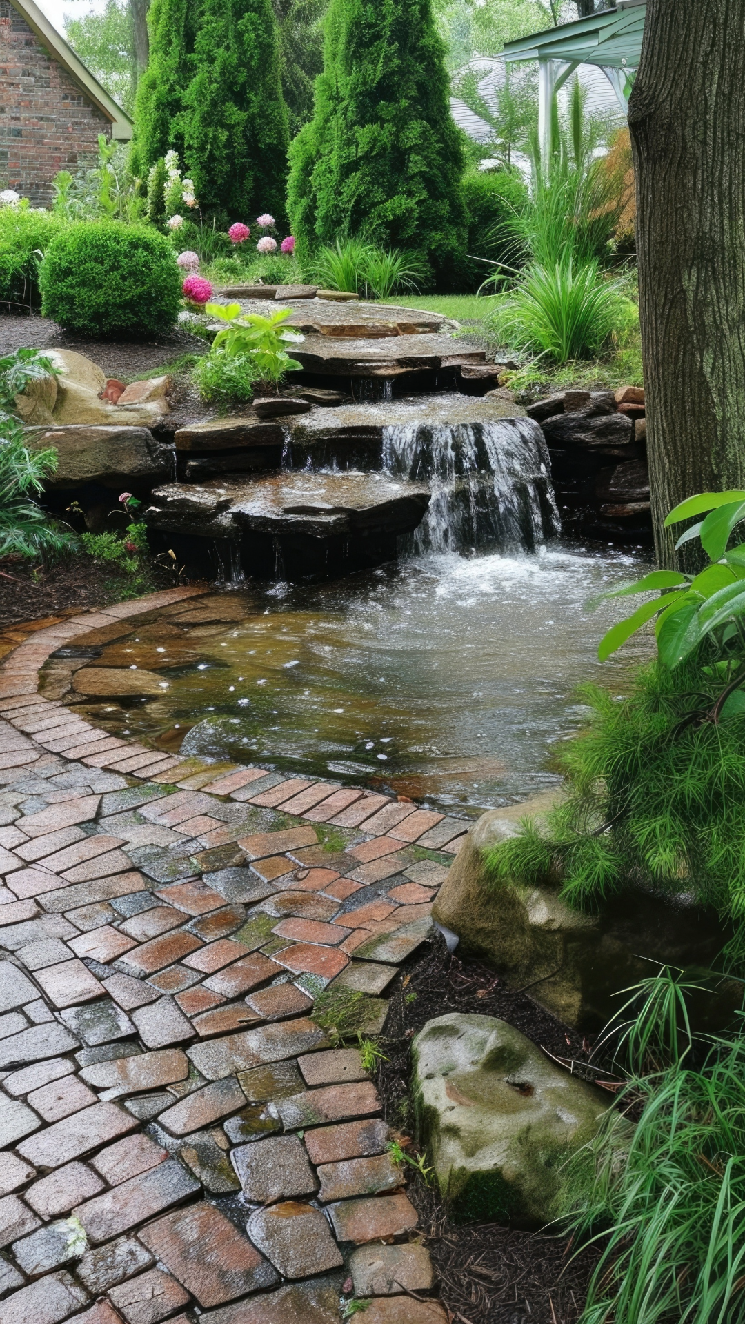 There is a waterfall in the middle of the garden.
