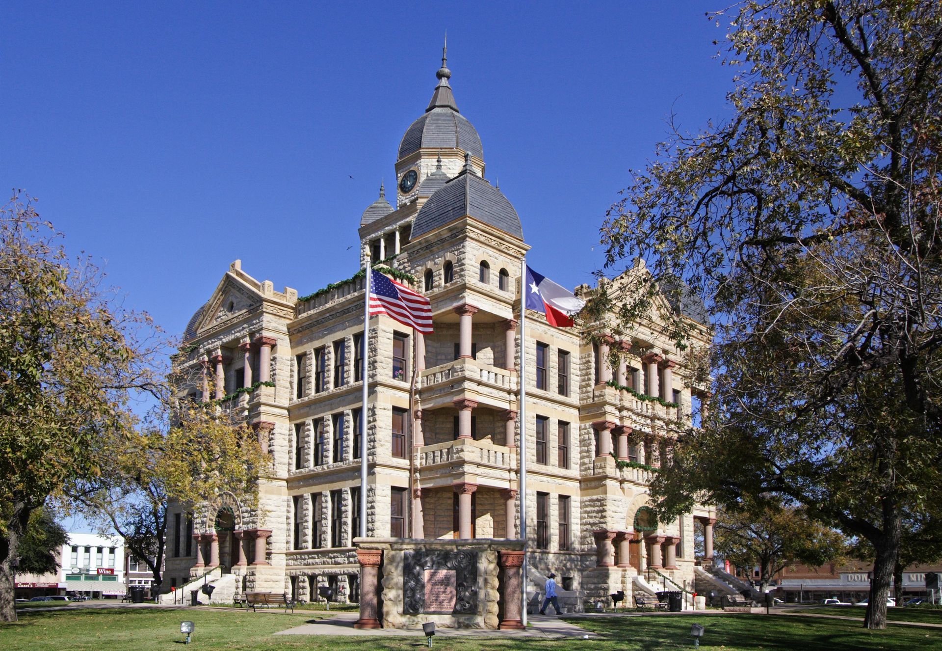 “Denton County Courthouse-on-the-Square historic clock tower in downtown Denton Texas”