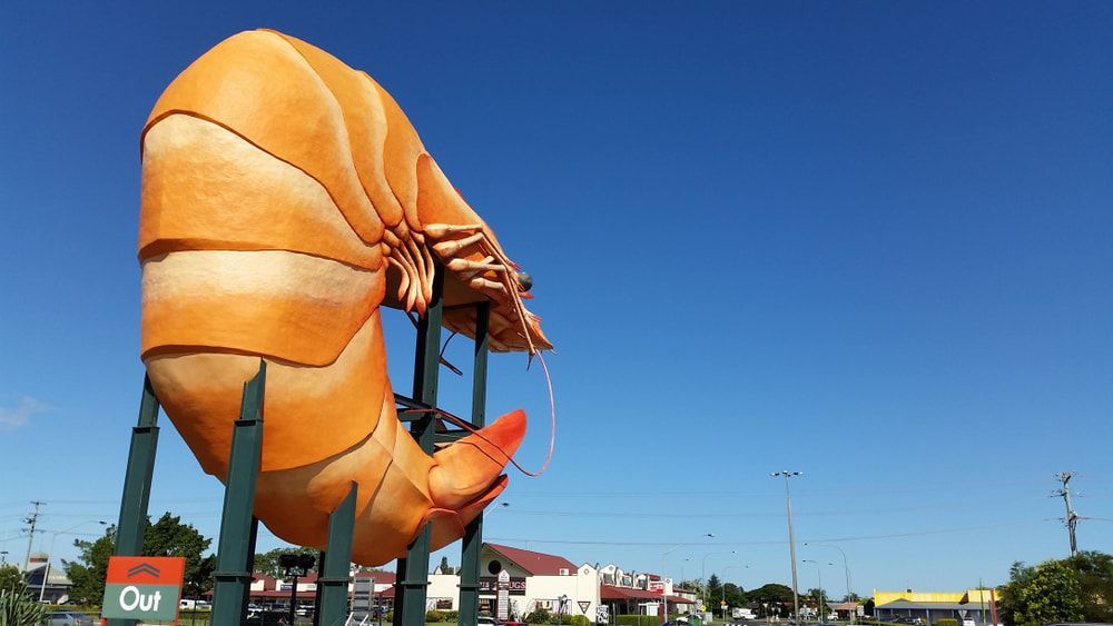 A Large Statue of A Shrimp Is in Front of A Sign that Says out — Danzair Refrigeration & Airconditioning in Ballina, NSW