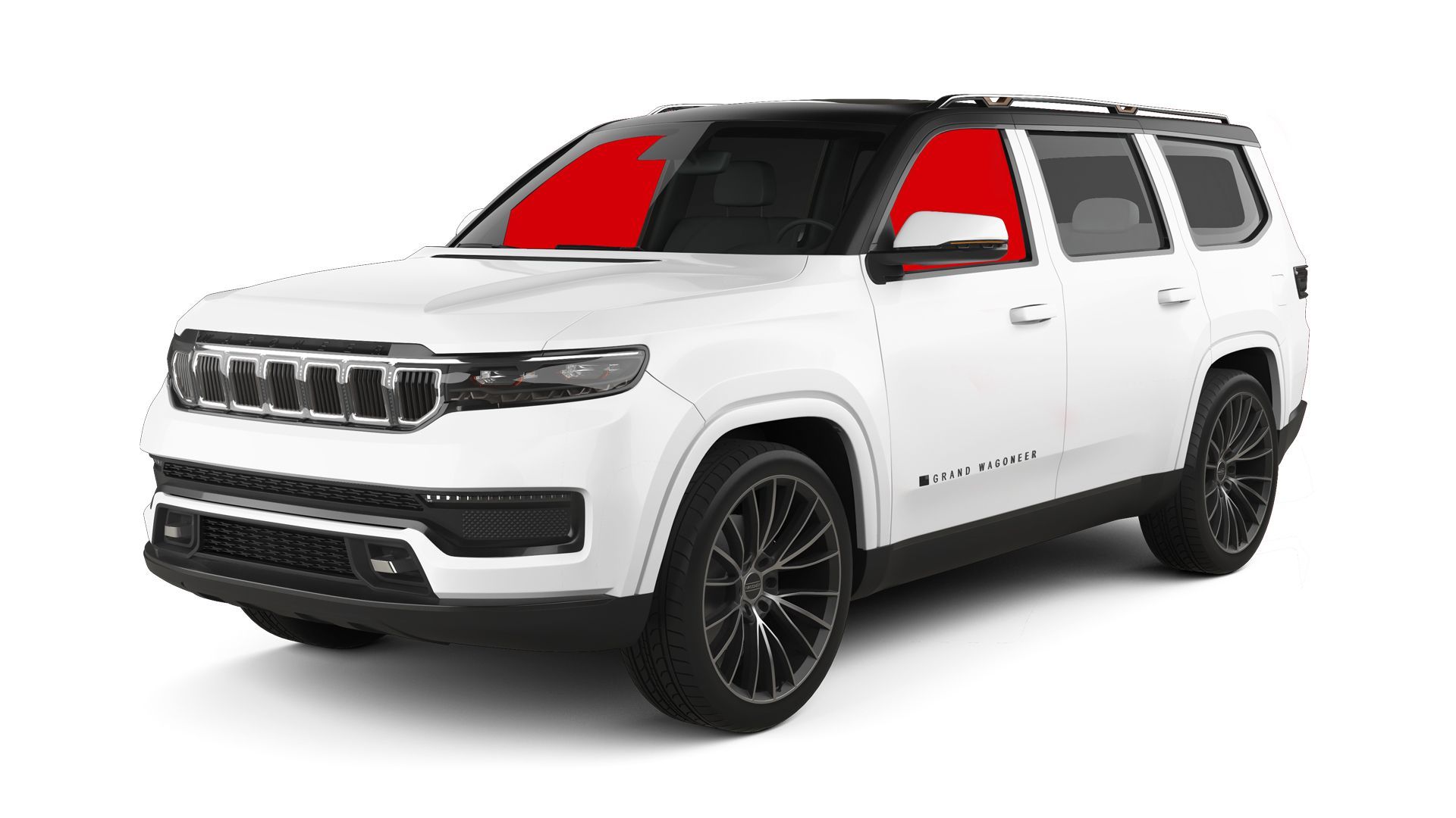 White Jeep Grand Wagoneer with red-highlighted front side windows. Black rims, set against a white background.