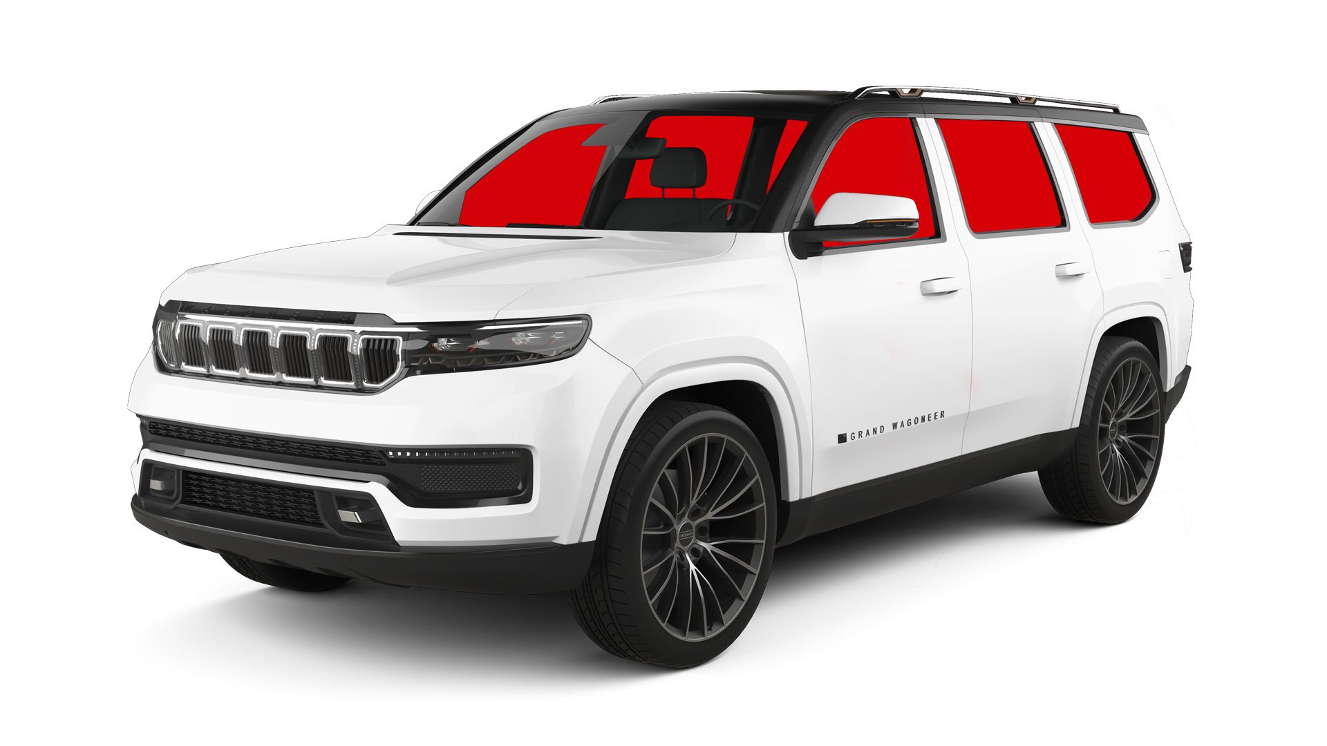 White SUV with black wheels; red tinted windows.