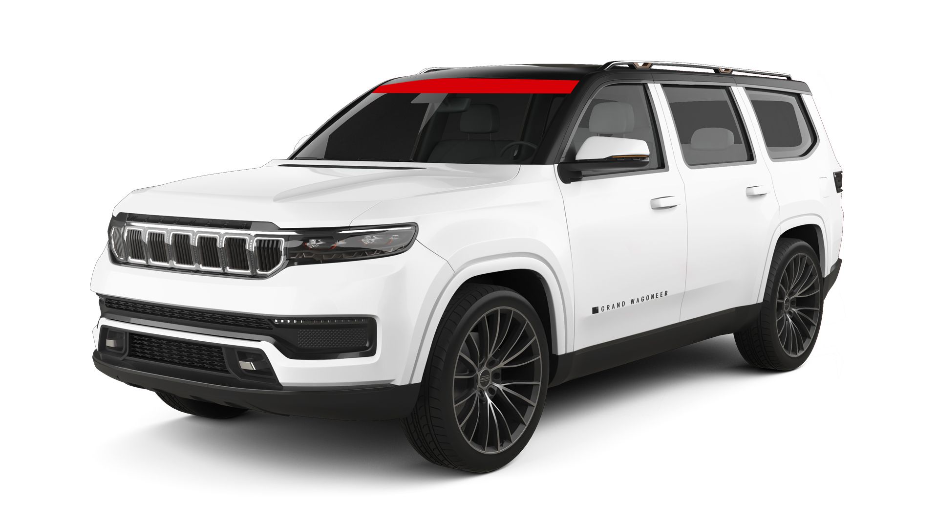 White Jeep Wagoneer with a red tinted windshield strip, black rims, on white background.