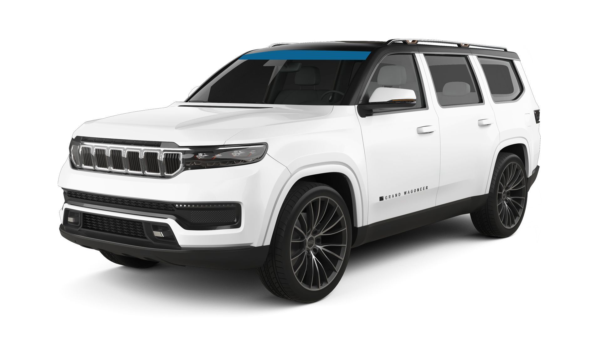 White SUV with black wheels and a tinted windshield.