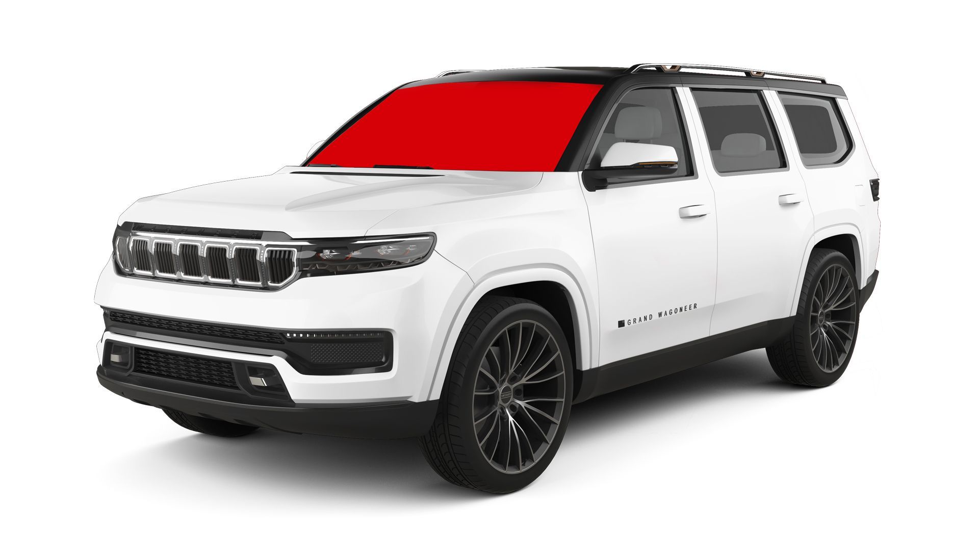 White SUV with red windshield.