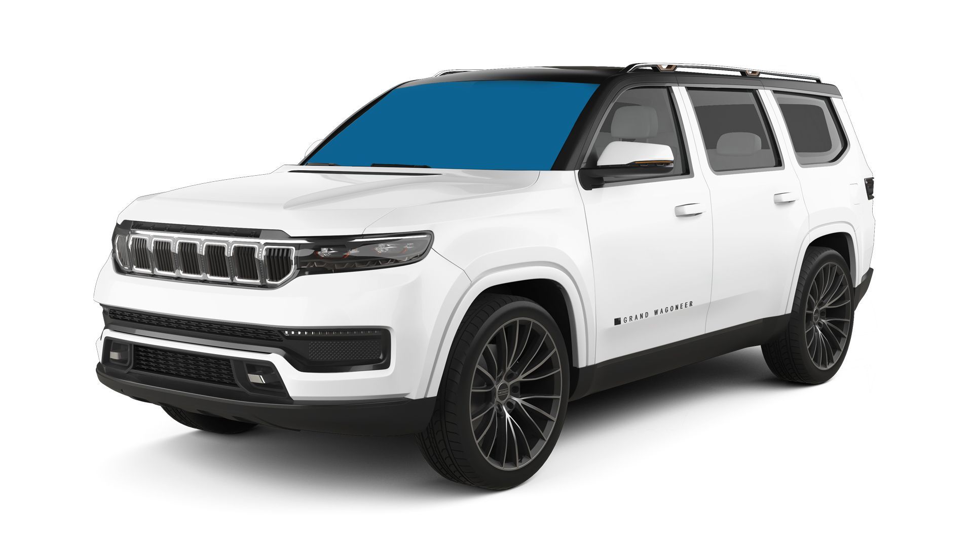 White Jeep Grand Wagoneer SUV with black accents and tinted windows.