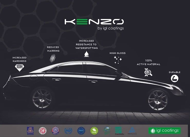 Black car with Kenzo coating promoting benefits like reduced marking, water spot resistance, and durability.