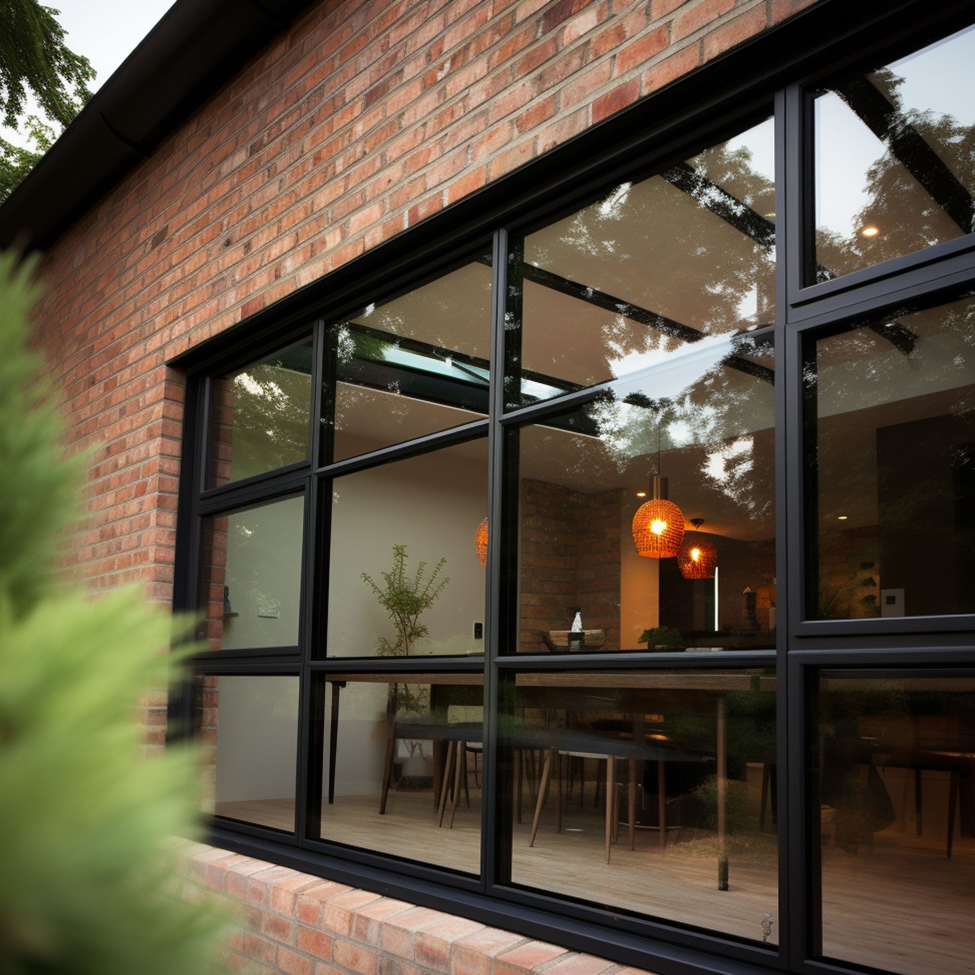 Brick building exterior with large black-framed windows; interior view of dining area with orange pendant lights.