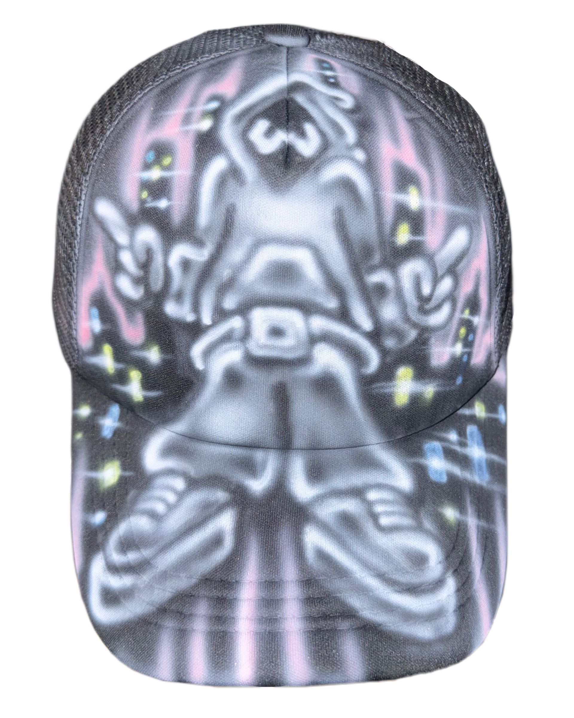 Art by Big Skull X Mistint. Dark cap with a gray alien and pink-purple glowing design on the front