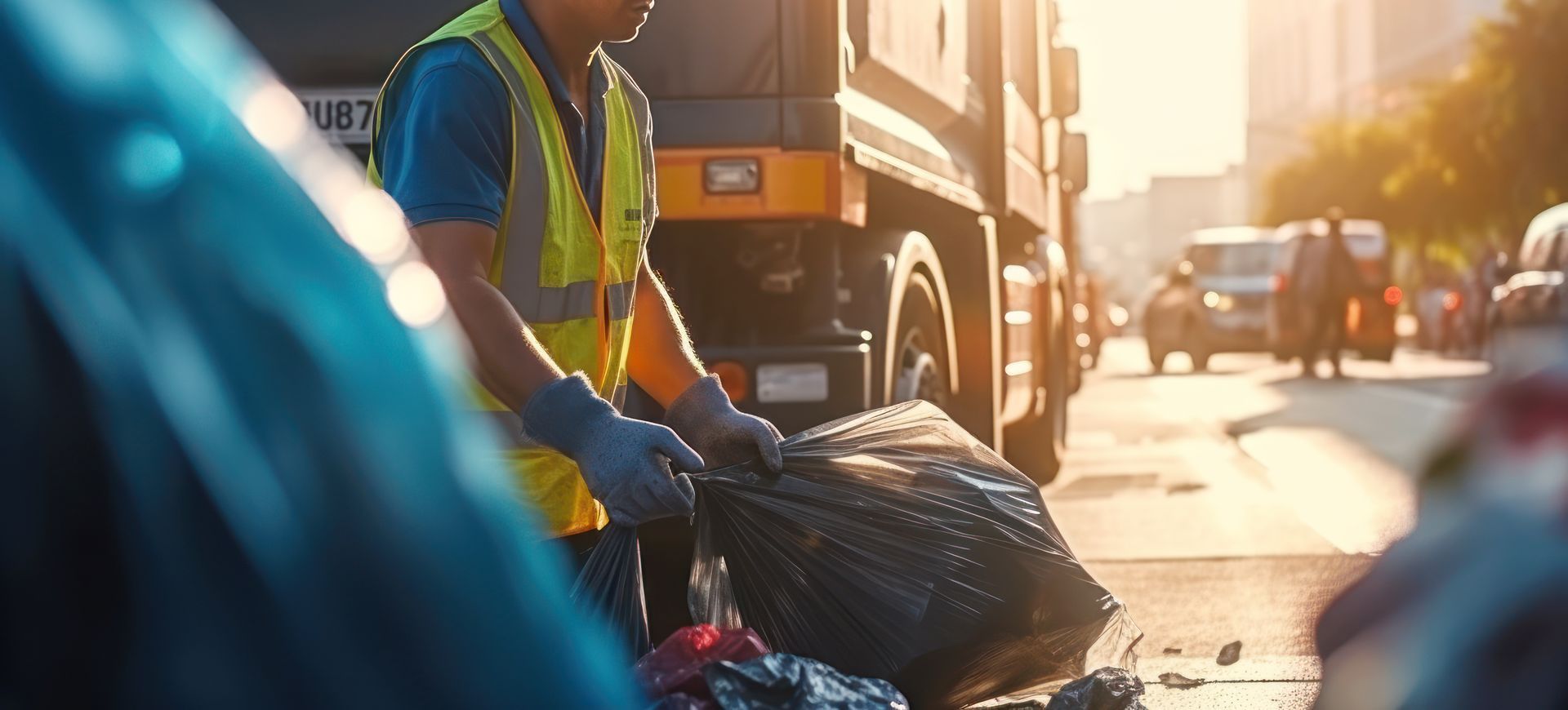 a man is picking up trash on the side of the road in front of a garbage truck .