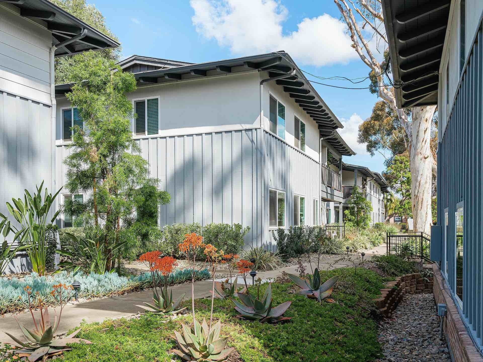 Exterior walkway of apartment complex