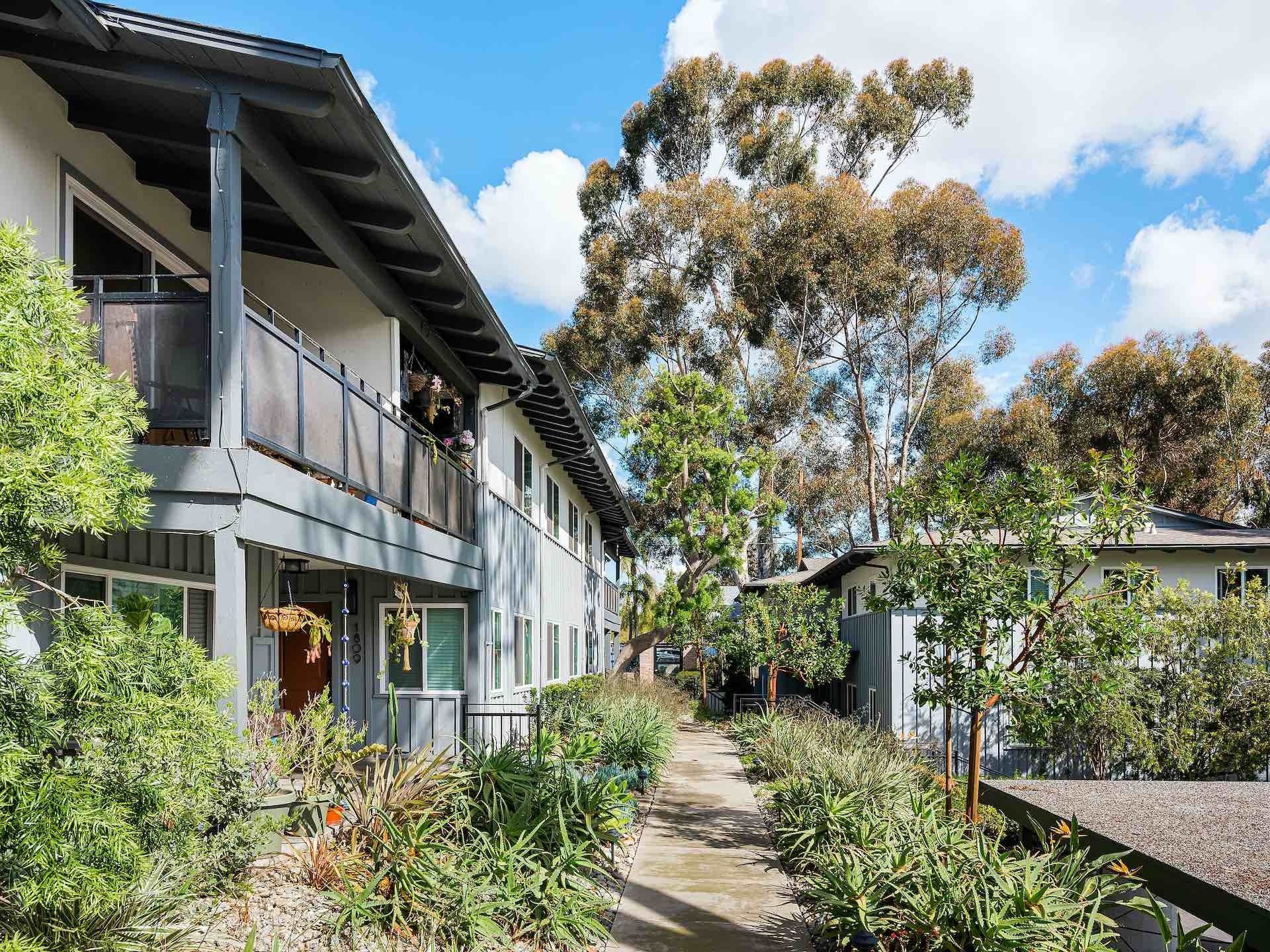 Wooded walkway within apartment complex