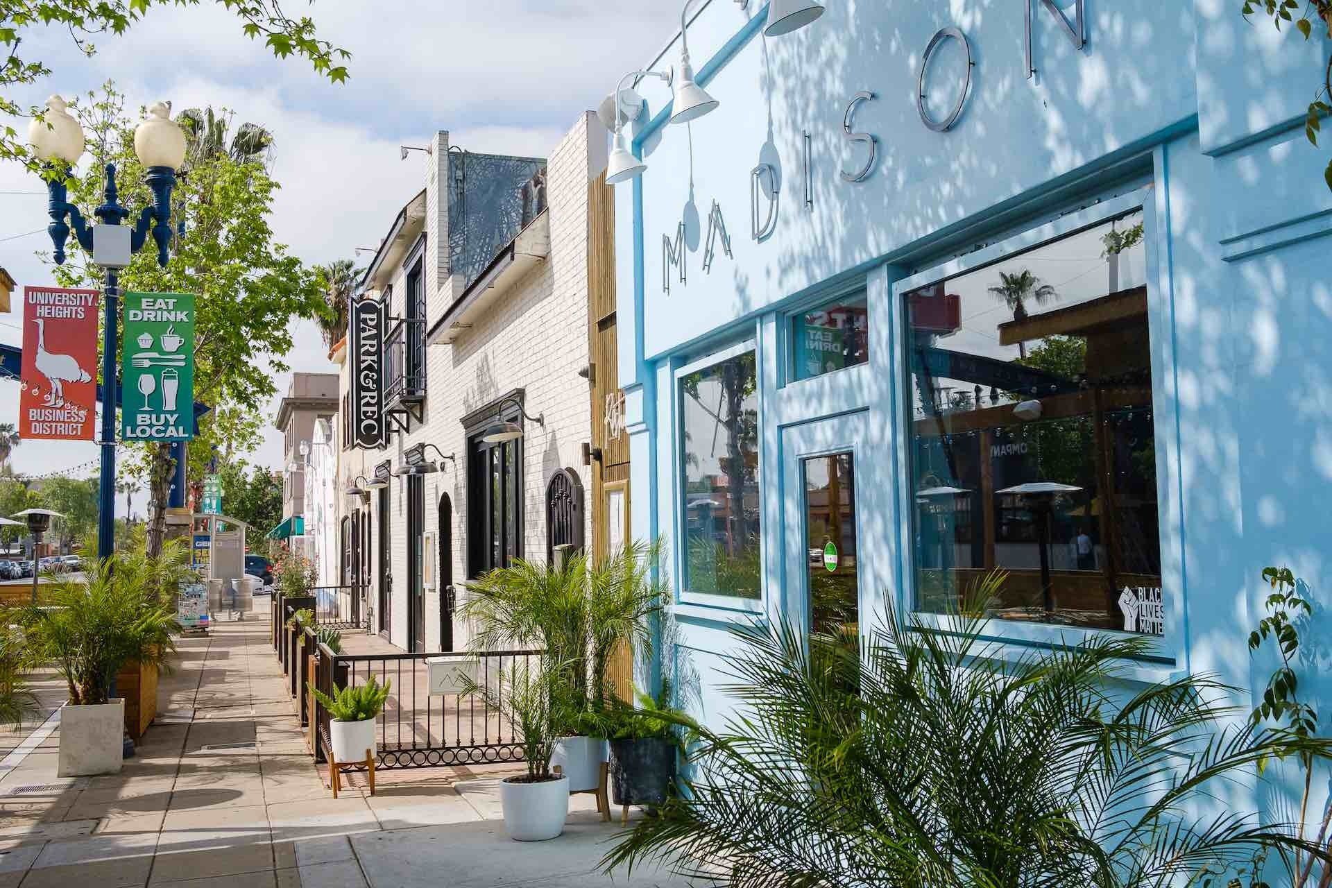 Blue building business downtown