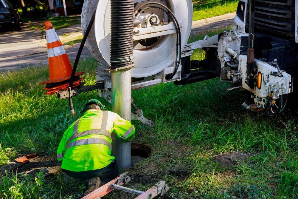 A Truck is Pumping Water Into a Manhole Cover — Treatwater & Plumbing Pty Ltd in North Mackay, QLD