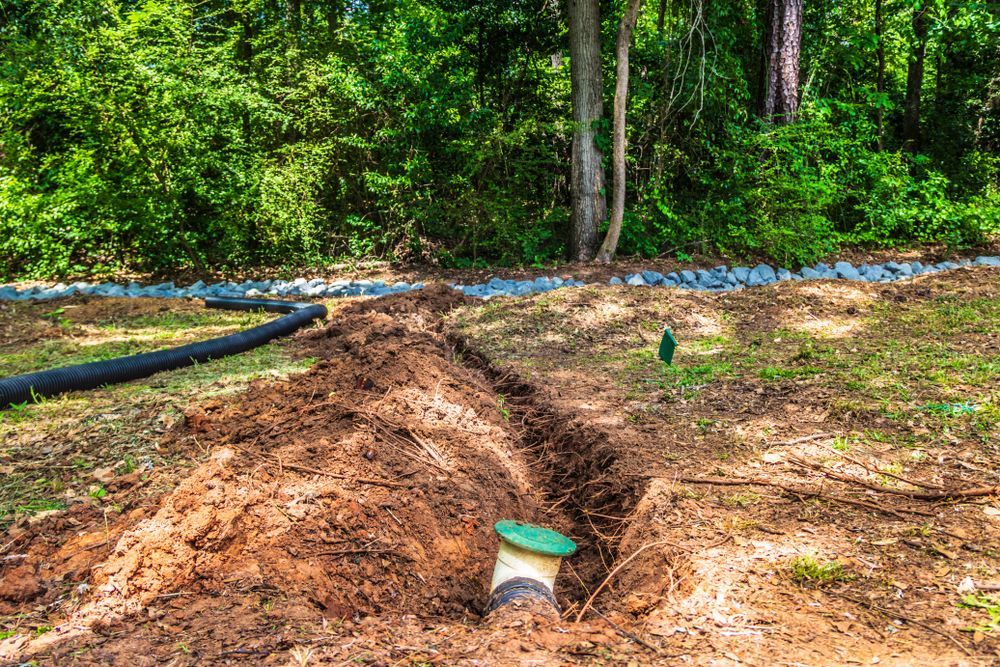 A trench dug in a yard with a black drainage pipe and a capped green and white access pipe visible in the soil.