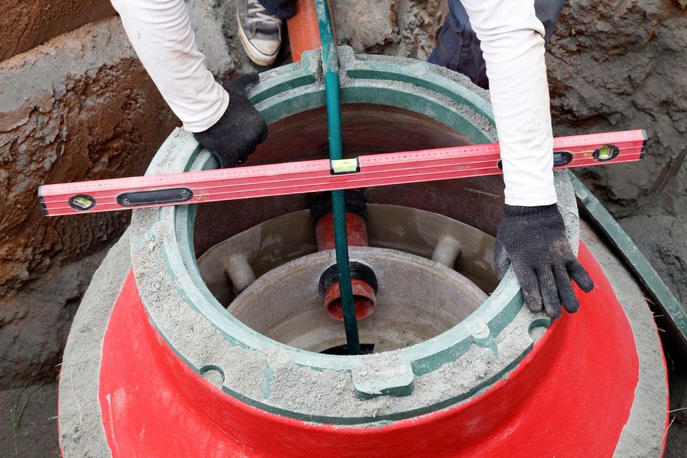 A worker wearing gloves uses a red spirit level to check the alignment of a circular concrete utility access structure.