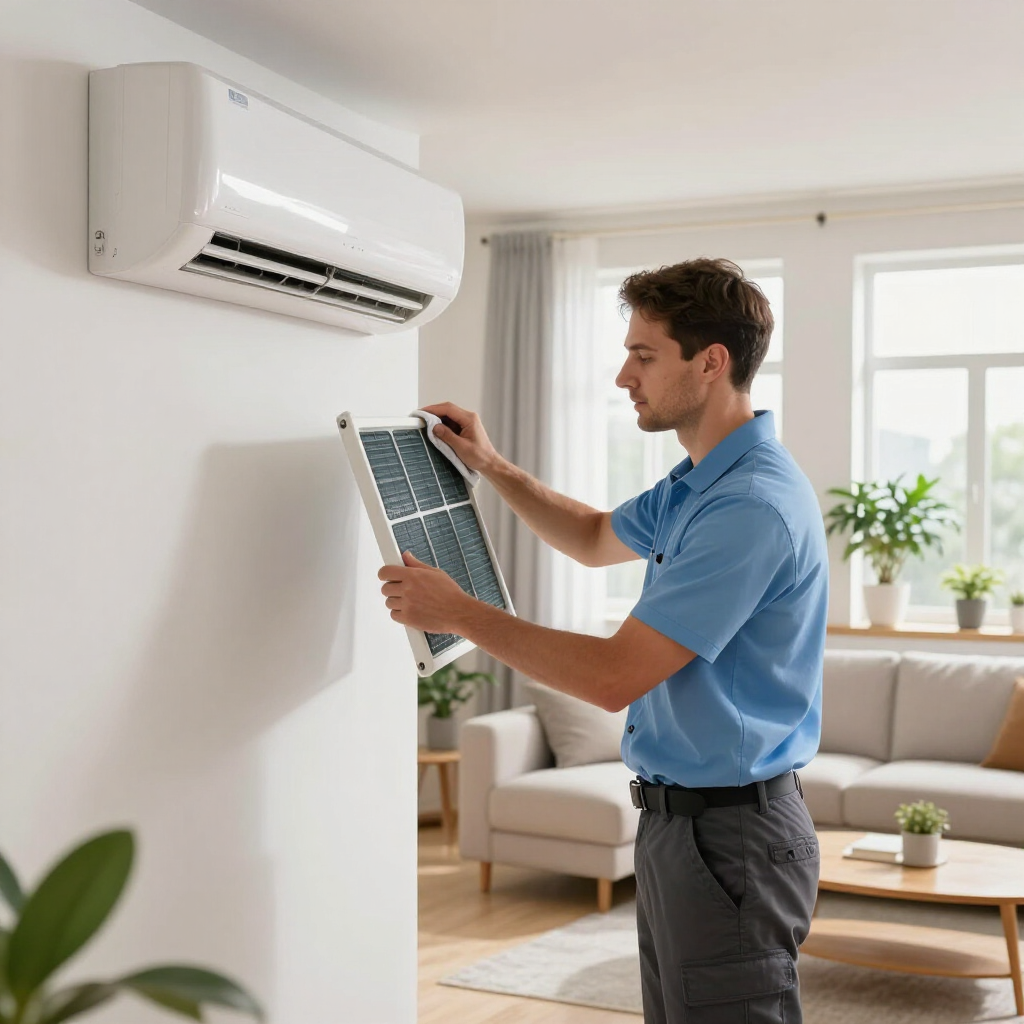 Technician cleaning an indoor wall-mounted air conditioner in a bright living room
