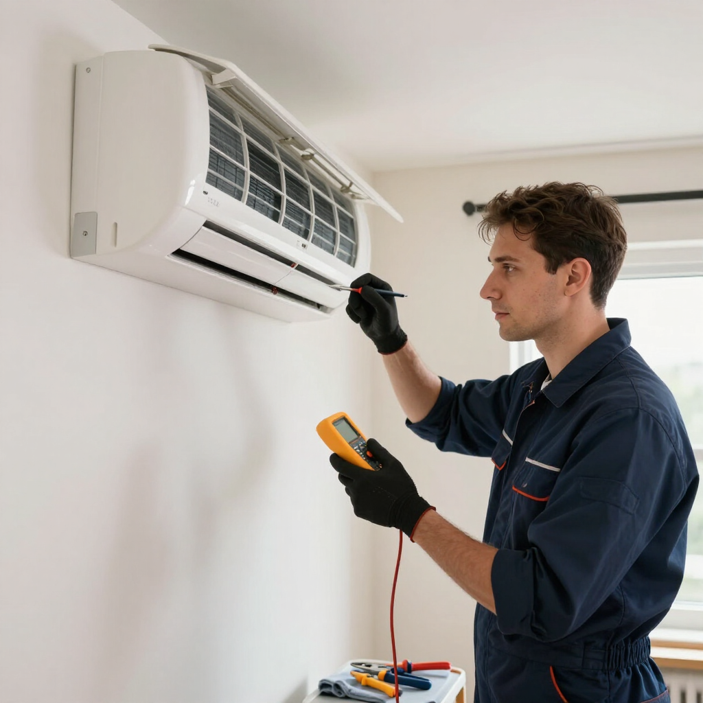 Technician inspecting a wall-mounted air conditioner with a multimeter, indoors.