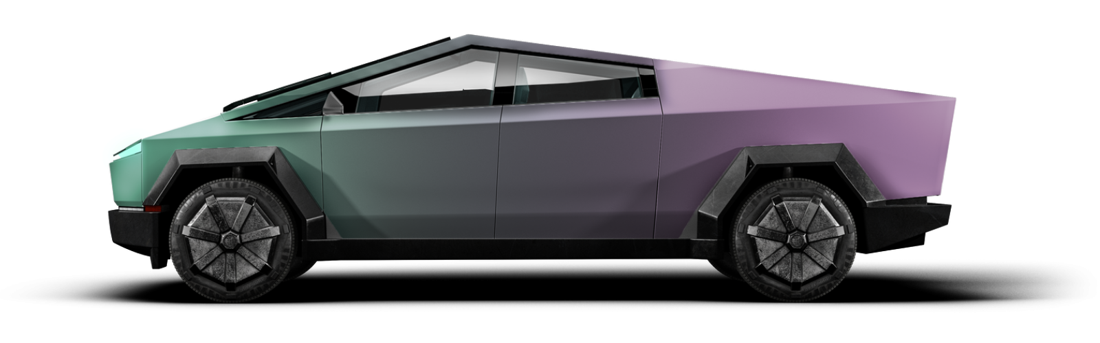 A purple and green tesla cybertruck is sitting on a white surface.