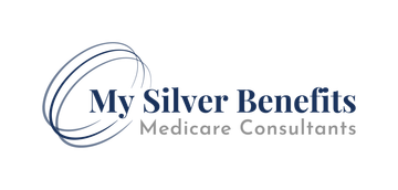 Logo of "My Silver Benefits", with blue and gray text and a circular graphic. "Medicare Consultants" is below.