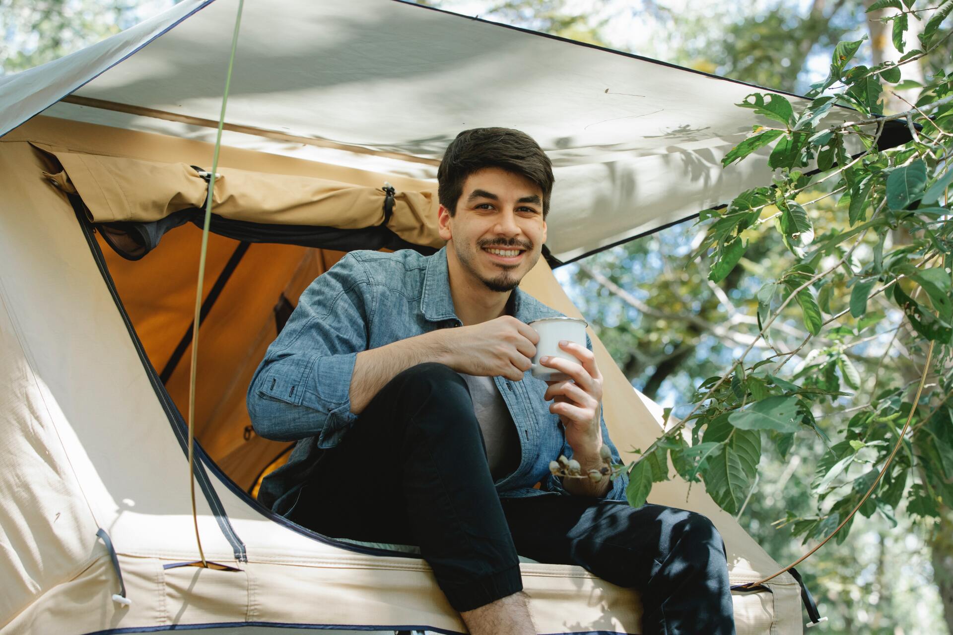 happy man in tent