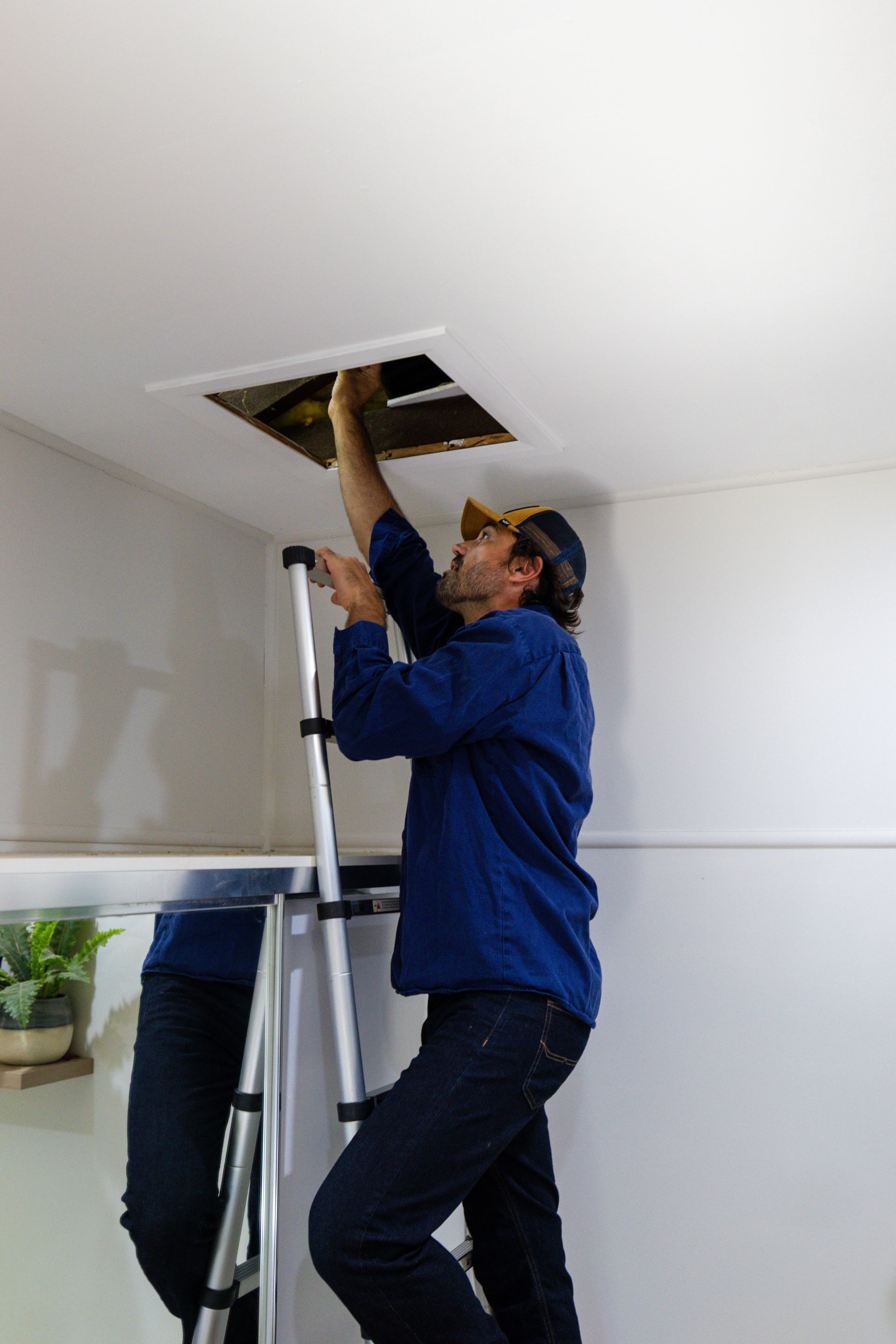 A Man Is Standing On A Ladder Fixing Something In The Roof — ROGA Build Solutions in Atherton, QLD
