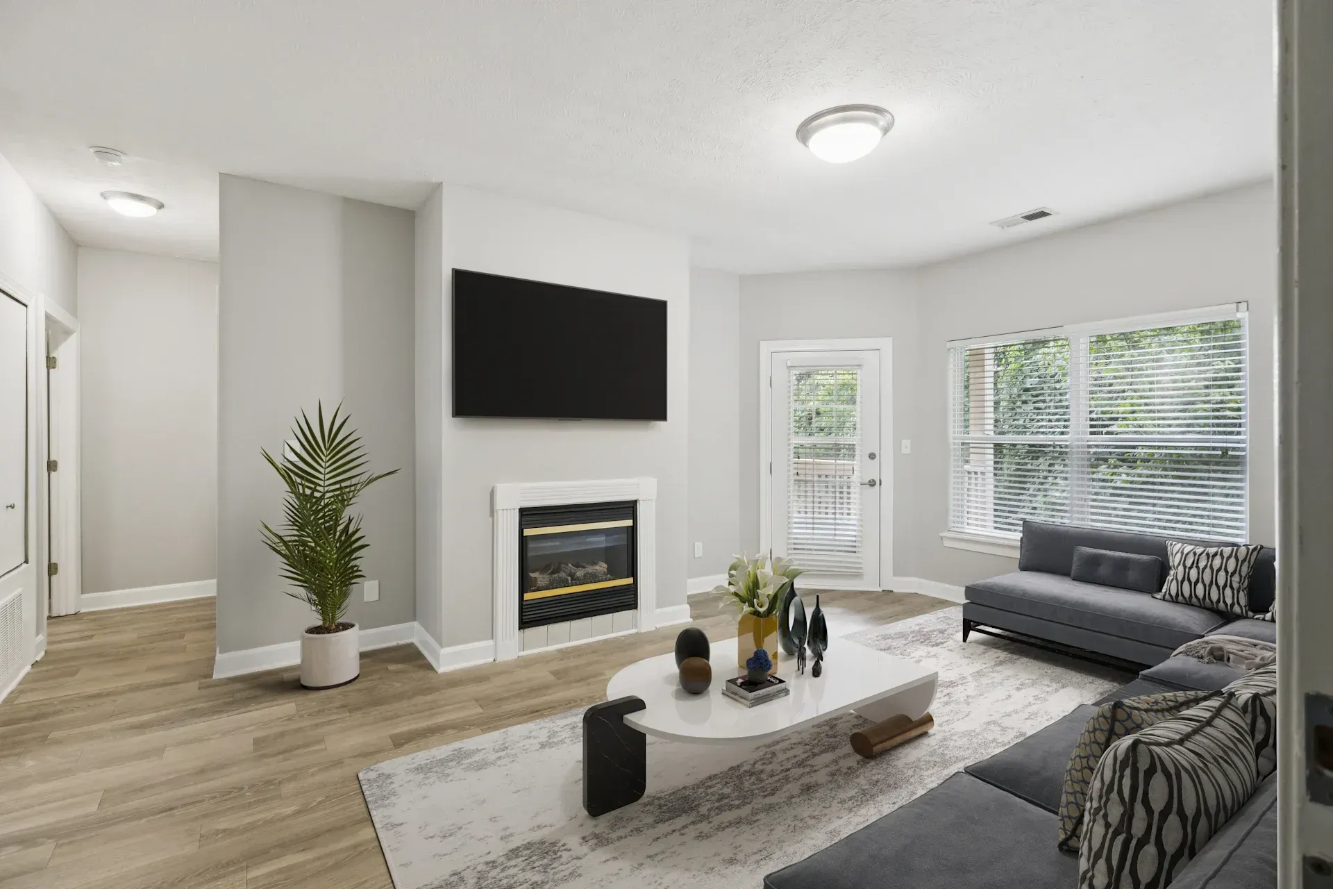 Modern living room with a fireplace, TV, and gray couch. Light wood floors, white walls, and a door to a small patio.