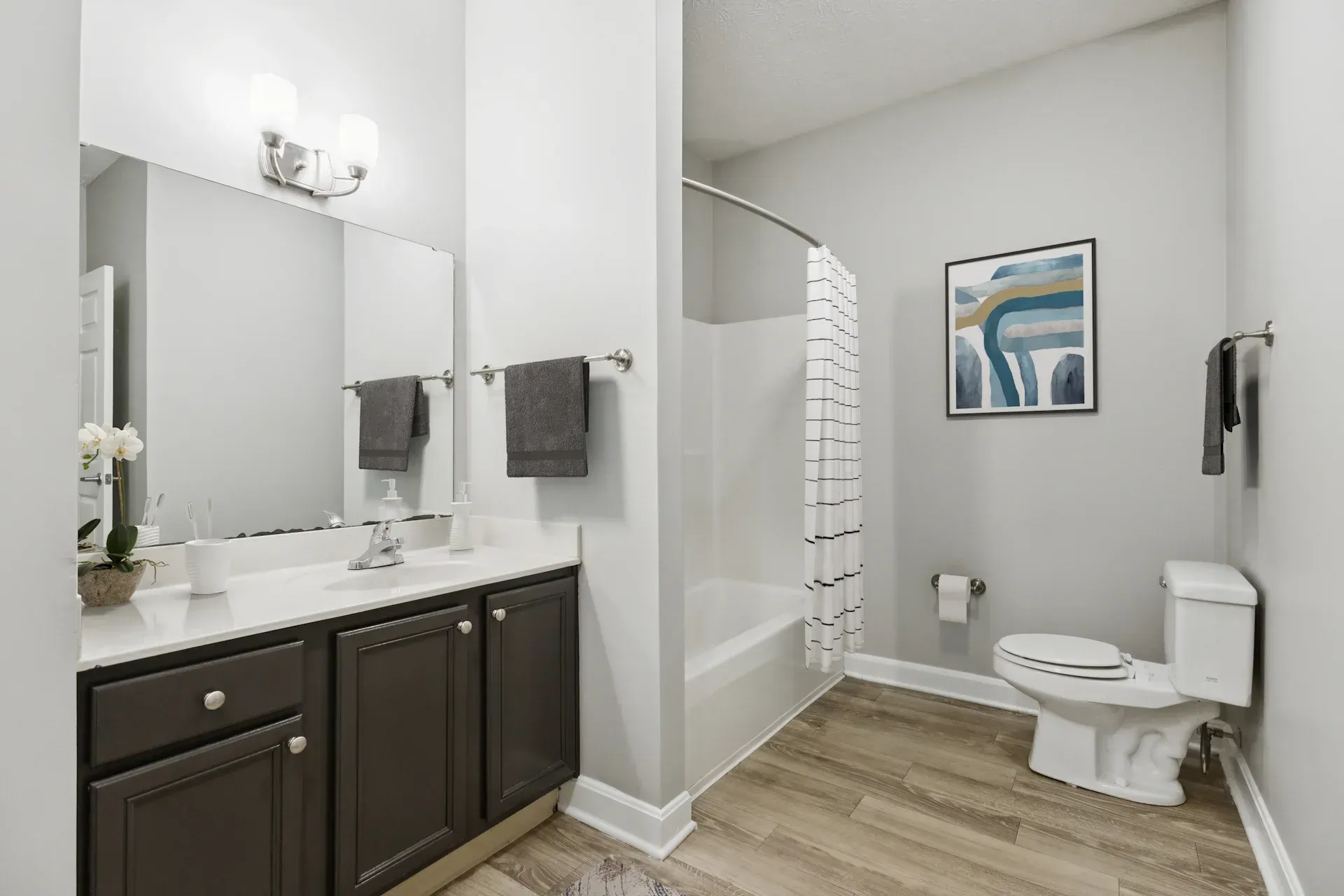 Bathroom with gray walls, dark brown vanity, and a toilet. The floor is light wood. There's a shower/tub combo.